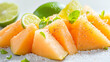 © venusvi - Freshly sliced cantaloupe garnished with lime and mint, offering a refreshing summer treat bursting with flavor.