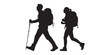 © SujetaRani - Set of hiker silhouettes with large backpacks and trekking poles, black vector image of male and female tourists walking, standing, and greeting on white background.