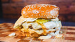 © Lucastep - Beautiful fried chicken katsu burger with crispy chicken, pickles, melted cheese, and special sauces. Juicy, crunchy, and flavorful. Perfect for Japanese fusion food lovers and gourmet fast food.