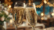 © Jack - Close-up of two champagne glasses touching in romantic toast with bokeh lights background creating intimate celebration mood, perfect for New Year Eve romantic date anniversary concepts