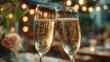 © Selvam - Close-up of two champagne glasses touching in romantic toast with bokeh lights background creating intimate celebration mood, perfect for New Year Eve romantic date anniversary concepts
