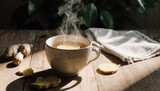 Steaming mug of tea with ginger slices, wood table setting with cloth, warm light