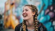 © SMILE - Joyful Radiance: A young individual with braided hair exudes pure happiness, her laughter echoing amidst vibrant street art. This image celebrates youth, freedom.