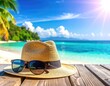© Ramlah - A straw hat and sunglasses rest on a wooden deck overlooking a tropical beach.