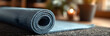 © Daniel - Yoga at home active lifestyle woman rolling exercise mat in living room for morning meditation yoga banner background.
