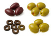 © PNG Kingdom  - Olives collection featuring whole pimento stuffed, pitted green, kalamata, and black sliced on transparent background