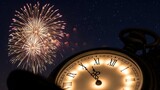 New Year's Eve fireworks explode above a glowing clock at midnight