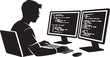 © RIMON - Silhouette of a man coding on dual computer monitors with keyboard and mouse programmer