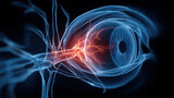 Illuminated anatomical rendering displays the intricate structure of the human eyeball and associated neural connections