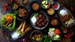 © 路加 石 - topdown. Colorful Vietnamese food ingredients displayed from above with vibrant herbs and spices. menu design, packaging mockups, designed for food delivery and cloud-kitchen brand materials.