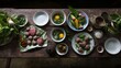 © 路加 石 - topdown. Colorful Vietnamese food ingredients displayed from above with vibrant herbs and spices. menu design, packaging mockups, designed for food delivery and cloud-kitchen brand materials.