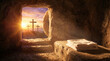 © Primex Legacy - Resurrection morning light in empty tomb with burial cloths and three crosses on hilltop under golden sky spiritual easter christian hope concept