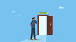 © yedsgn - Businessman thinking and make decision to exit bright future opening door with sign on top as New Job. New job challenge, make decision for new opportunity in work or career development.