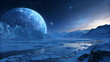 © ShanjitaAkter - Stunning digital art of a colossal, glowing blue alien planet looming over a frozen, icy landscape under a starry night sky with distant mountains