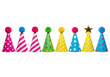 © Emilia - eight identical, saturated cone party hats with polka dots, stripes, fluffy pom-poms, and metallic stars, arranged horizontally on a transparent background, perfectly lit. concept for celebration