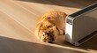 © antuanetto - Peaceful ginger cat sleeping soundly near a modern floor heater, bathed in warm sunlight on wooden floor, for a cozy home concept