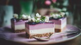 Delicious layered dessert with flowers on a plate food photography