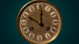 An ornate clock face with Roman numerals is centered against a dark teal background viewed from directly ahead.