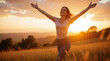 © DruZhi Art - Joyful Woman Embracing Sunset – Silhouette with Outstretched Arms for Freedom Concepts, Wellness Content, and Inspirational Media