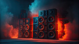 Studio background with smoke and music speaker concept. A dramatic scene featuring towering speakers in smoky ambiance.