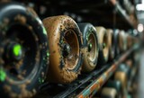 Dirty wheels lined up on metal shelf, close-up