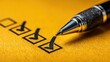 © STK - A textured yellow paper with a list of checkboxes and a black ballpoint pen marking the third checkbox with a checkmark.