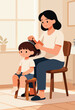 © Tibre - Mother gently combs her daughter's hair in a sunlit room with a potted plant
