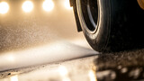 Extreme close-up of a car tire spinning on a wet surface, creating a spray of water and motion. The background features blurred lights, enhancing the sense of speed and power.