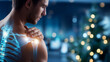 © Laura - Faceless individual showing shoulder tension, digital x-ray style spine overlay highlighting problem zones, defocused winter medical office with Christmas tree bokeh, holiday muscu