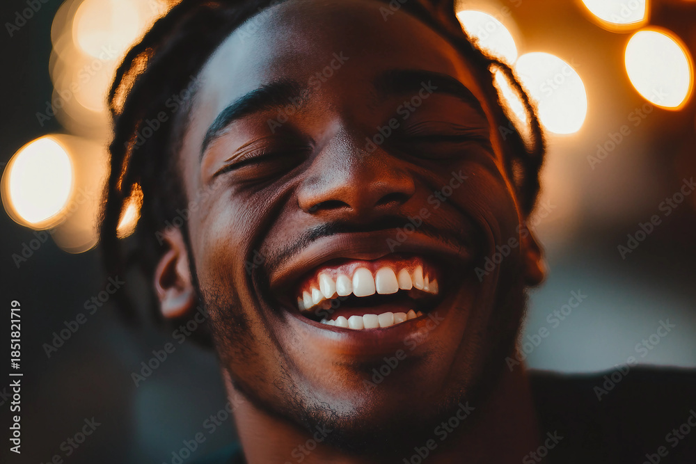Extreme closeup of person laughing smiling showing positive expressing pure joy happiness generative ai