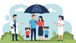 © PDWN Creative - Family under umbrella with doctors, representing health insurance and medical care protecting loved ones from harm and providing safety