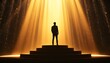 © Jaetin - Silhouette of a man in a formal suit standing on a stage illuminated by bright golden spotlights representing fame leadership public speaking and professional recognition.