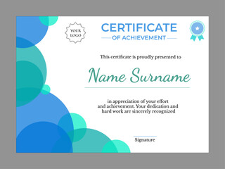  Clean certificate with teal and blue circular shapes, stylish design for recognizing effort and achievement
