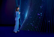 © Rendara Studio - Woman reaches toward glowing 3D wave data stream surface
