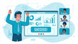 © Puji - Man in headset with business success graph.