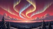 © Sekendar - Vibrant aurora borealis dances across a dramatic red twilight sky above a snowy winter landscape with pine trees
