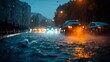 © ArtPixel-Portfolio - Heavy rainfall flooding city street at night, cars driving through deep puddles, urban traffic during storm