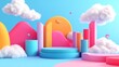 © Sunny - Colorful 3D illustration of abstract geometric shapes and clouds, featuring vibrant hills and a circular platform, creating a playful and imaginative environment for design projects