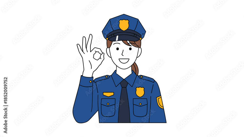 Friendly female police officer in a blue uniform and cap smiling and ...