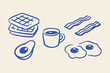 © Victoria - Breakfast Waffles Coffee Bacon Eggs Avocado Doodle Vector Illustration