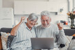 © Daniel - Excited senior couple, laptop and cheering in home for online shopping deal, sales and good news in lottery. Happy old man, woman and wow celebration on computer for winning, surprise and competition