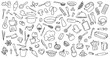 © WinWin - Kitchen cook doodle utensil and food line sketch icons. Pot and bowl, fork and plate, frying pan and whisk for cooking. Chef hat, restaurant menu elements cutlery vector isolated set