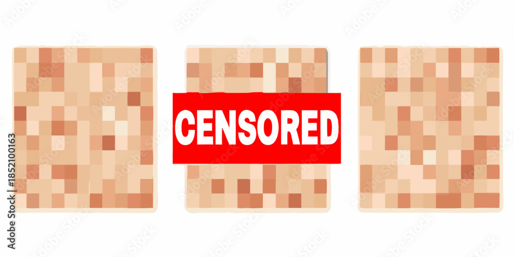 Pixelated images with a red censor bar obscuring the central content ...