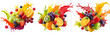 © Subro - Set of A vibrant splash of fresh orange juice with assorted colorful fruits exploding upward on transparent png background. Ai generated