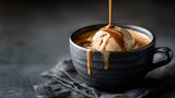 Espresso affogato-style drink, dark ceramic cup, matte charcoal surface