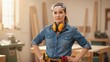 © NN AI - Confident female carpenter posing with tool belt in sunlit workshop. Portrait of skilled professional craftswoman with safety equipment