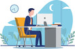 © Nasima - Businessman working overtime - Man in office works late on computer at desk with moon and clock in background. Vector illustration