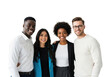 © Valentin - multiethnic group of four young adults (two afro-american, one hispanic, one caucasian) in smart professional casual wear, smiling against a high-key white studio background with copy space. concept