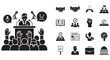 © Mostafizur - Collection of black and white silhouette icons representing political event, public speaking, agreement, voting, and government concept isolated on transparent background