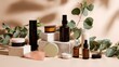 © Juan - Natural skincare display with amber jars and eucalyptus for clean beauty wellness product branding photography